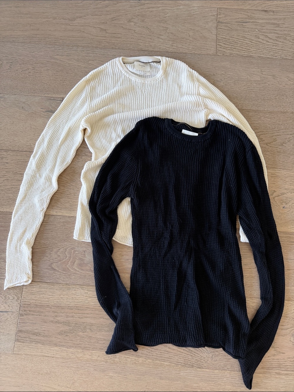 Billy Reid Waffle-Knit Crewneck Sweaters in Navy and Cream